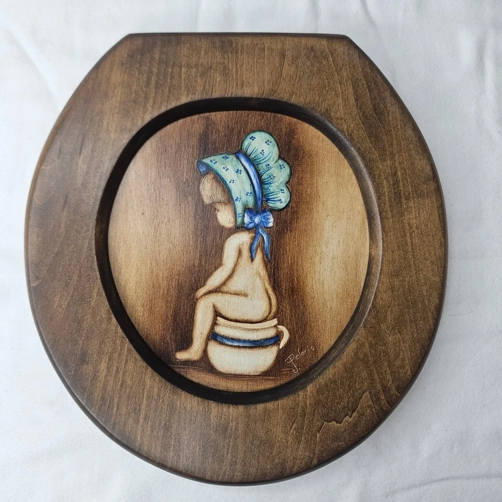Vtg Peloris Hand Painted Wood Wall Art Child on Potty Bathroom Decor 9 In